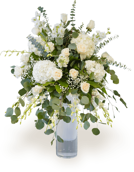 Arreglo alto de orquídeas dendrobium colgantes con eucalipto blue.