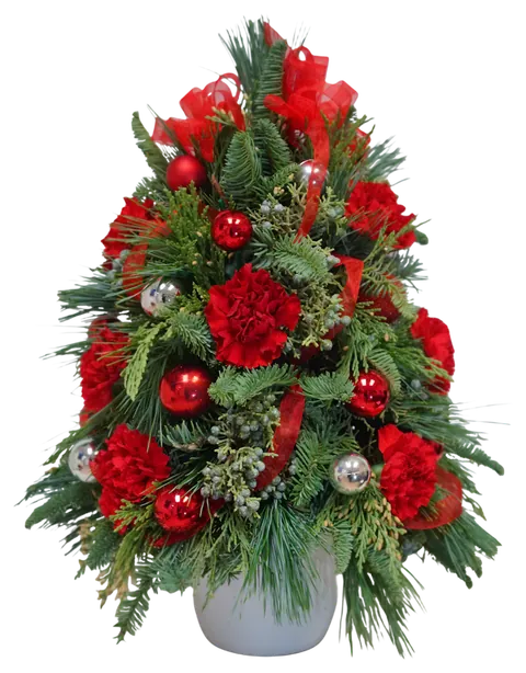 Arbolito de Navidad con claveles rojos y esferas, pieza real de Bella Flor