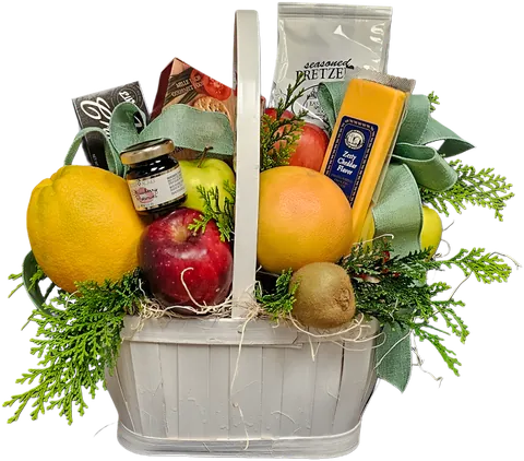 Canasta de frutas con pino y lazo, pieza real de Bella Flor